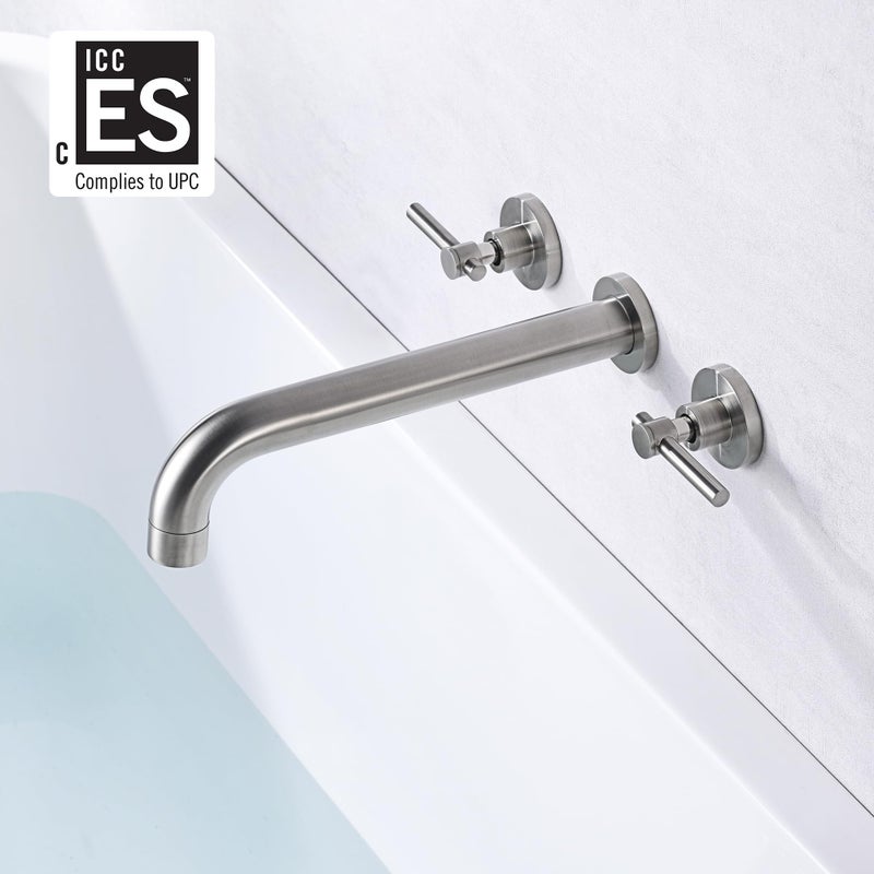 sumerain Wall Mount Tub Filler Faucet Brushed Nickel High Flow Bathtub Faucet Two Handles Solid Brass, Long Spout Reach, sumerain - Image 2